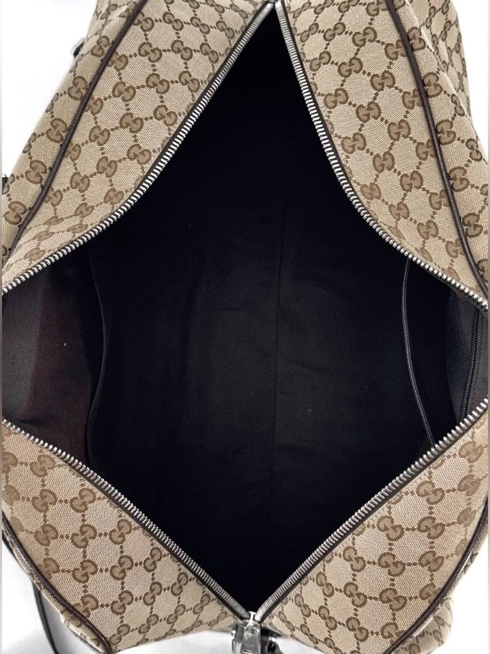 Authentic GUCCI Large GG Logo Beige Canvas Brown Leather Carry on Duffle Bag